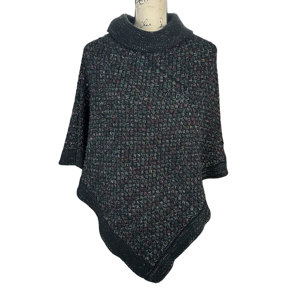Steve Madden Cowl Neck Poncho One Size Black Multi Chunky Knit Boho Sweater Cape